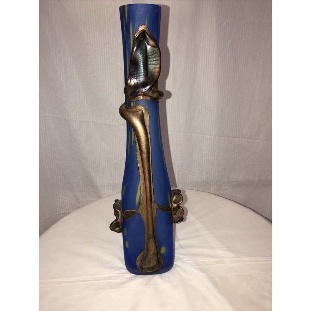 Handmade Blown Glass Vase Engraved with Metal Blue yellow Art Nouveau Style
